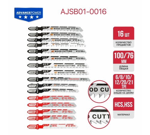 Набор пилок для лобзиков P.I.T. AJSB01-0016
