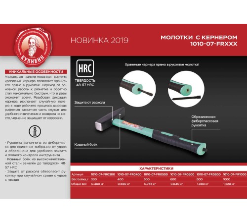 Молоток со встроенным кернером, 1000г, фибергласс, серия Кулибин, Sturm!