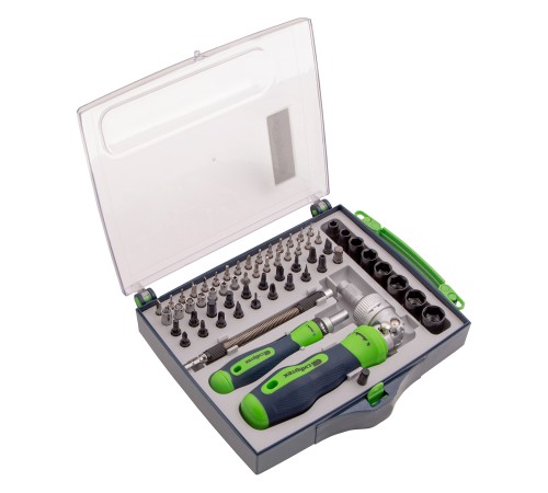 Отвертки реверсивные с набором бит, торцевых головок, 61 предмет, CrV Сибртех