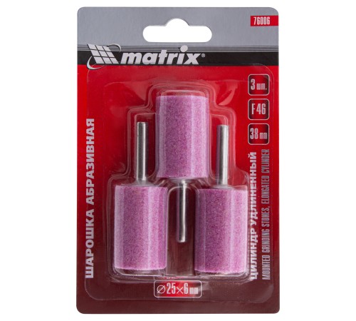 Шарошка абразивная, цилиндр удлиненный, 25 x 38 x 6 мм, F46, 3 шт Matrix