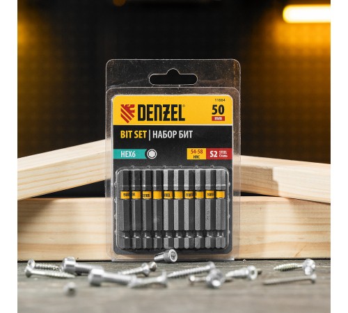 Бита HEX 6х50, сталь S2, шестигранный профиль, 10 шт. Е 6,3 Denzel