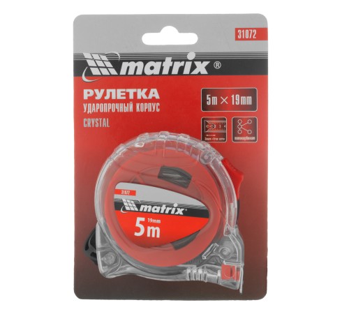 Рулетка Crystal,5 м х 19 мм,корпус из поликарбоната Matrix