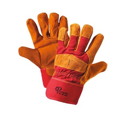 Перчатки спилковые комбинированные желтые с красным Перчатки спилковые комбинированные желтые с красным