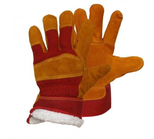 Перчатки спилковые комбинированные утепленные (искусственный мех) желтые с красным