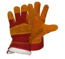 Перчатки спилковые комбинированные утепленные (искусственный мех) желтые с красным