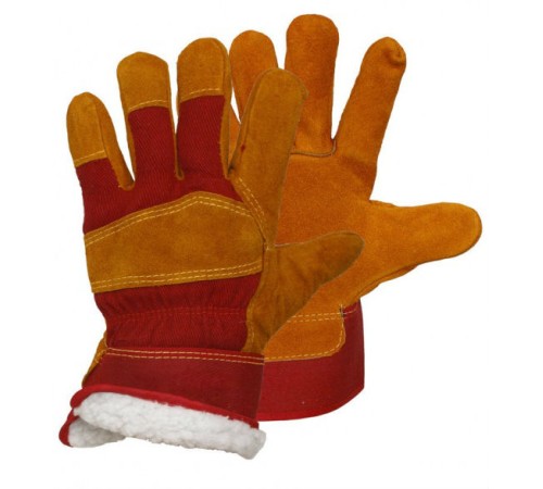 Перчатки спилковые комбинированные утепленные (искусственный мех) желтые с красным