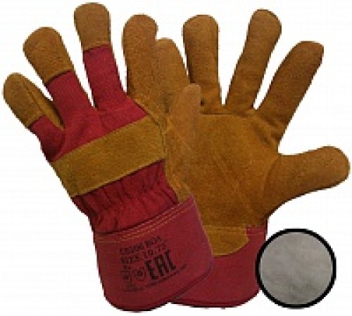 Перчатки спилковые комбинированные утепленные (искусственный мех) желтые с красным