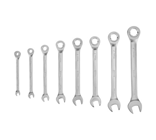 Набор ключей комбинированных трещоточных 6-19 мм, 8 шт., CrV, матовый хром Denzel