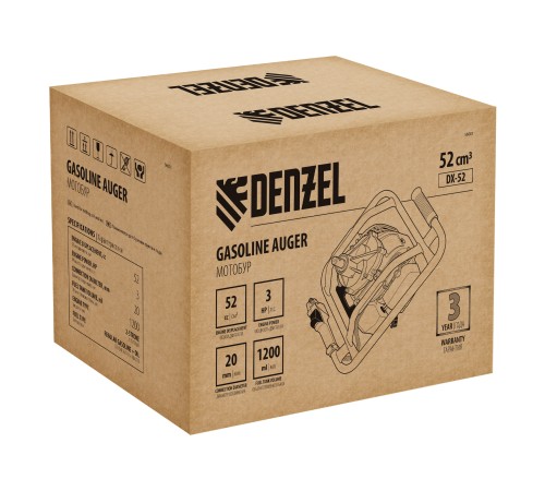 Мотобур DX-52, объём двигателя 52 см3, соединение 20 мм, без шнека Denzel