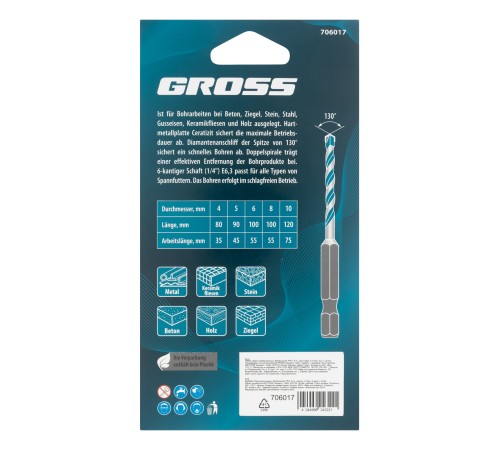Набор сверл универсальных, Multipurpose PRO, 6-гр. хвостовик, 4-10мм, 5шт Gross