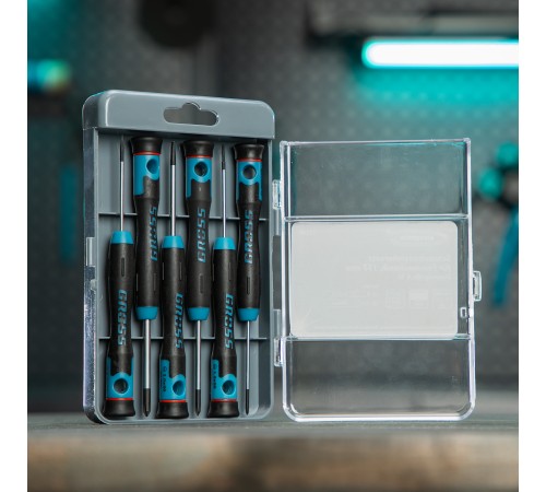 Набор отверток для точной механики, CrMo, двухкомпонентные рукоятки, 6 шт, пластиковый бокс Gross