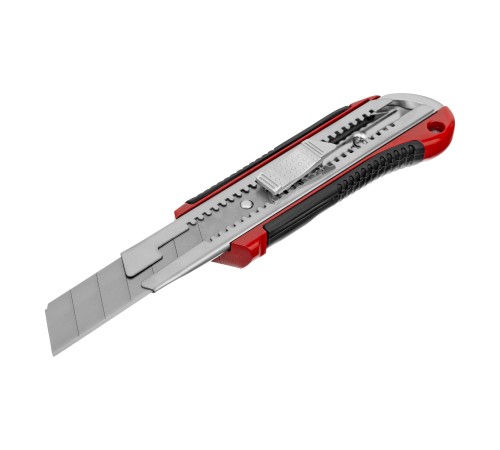 Нож, 25 мм, выдвижное лезвие, усиленная металлическая направляющая, металлическая обрезиненная рукоятка Matrix