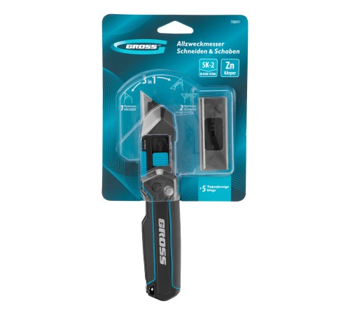 Нож-скребок складной, 19мм, сменное лезвие, SK2, 5 запас. лезвий, алюмин. корпус, клипса GROSS