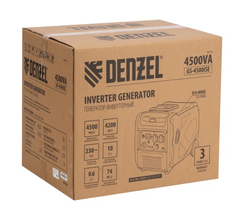 Генератор инверторный GS-4500iSE, 4,5 кВт, 230 В, закрытый корпус, электростартер DENZEL