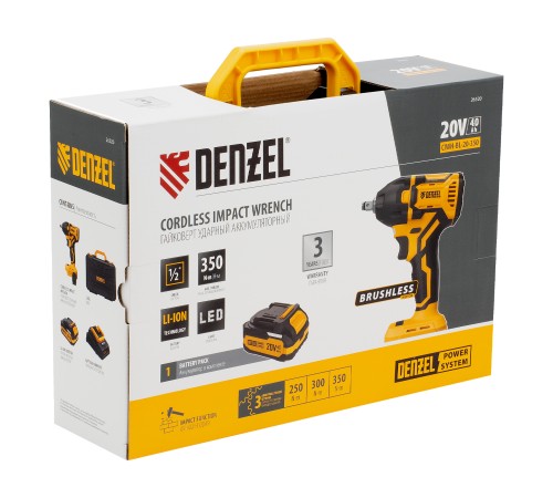 Гайковерт ударный аккумуляторный бесщет. CIWH-BL-20-350, Li-Ion, 20 В// Denzel