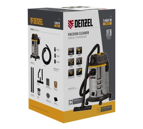 Пылесос строительный RVC30, 1400 Вт, бак 30 л, шланг 3 м, розетка с автосинхр. Denzel