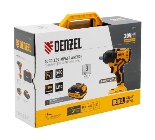 Гайковерт ударный аккумуляторный бесщет. CIWH-BL-20-500, Li-Ion, 20 В// Denzel