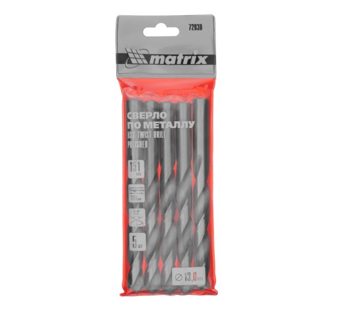 Сверло по металлу, 13 мм, полированное, HSS, 5 шт, цилиндрический хвостовик Matrix