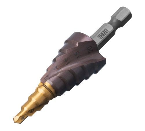 Сверло ступенчатое 4-6-8-10-12-14-16-18-20 мм, Р6М5К5, 6-гр. хвостовик Denzel