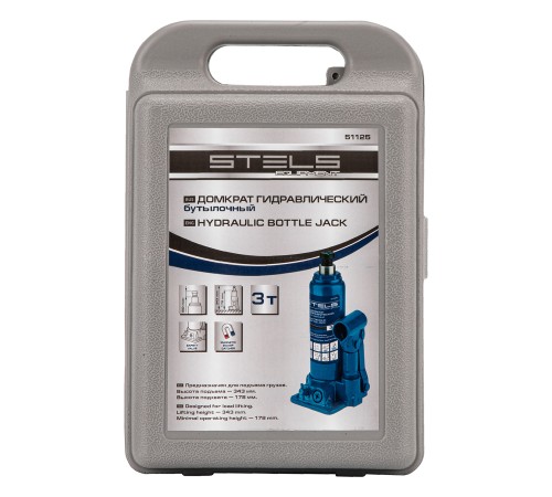 Домкрат гидравлический бутылочный, 3 т, H подъема 178-343 мм, в пластиковом кейсе Stels