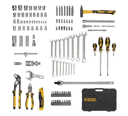 Набор инструментов, 1/2", 1/4", CrV, S2, пластиковый кейс, 122 предмета Denzel