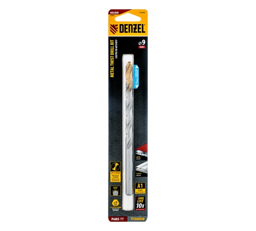 Сверло спиральное по металлу 9 х 175 мм, Р6М5, Golden Tip, удлиненное Denzel