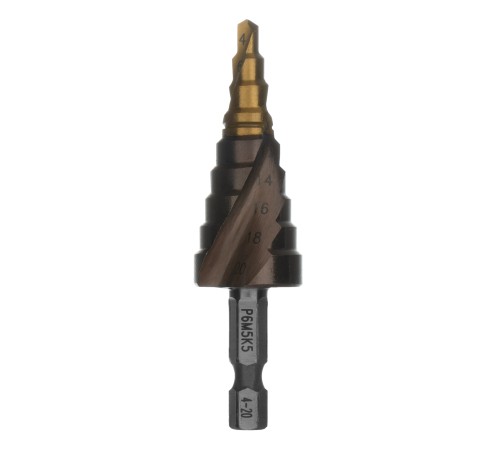 Сверло ступенчатое 4-6-8-10-12-14-16-18-20 мм, Р6М5К5, 6-гр. хвостовик Denzel