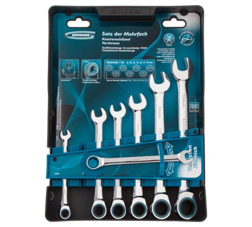 Набор ключей комбинированных с трещоткой, 8-19 мм, 7 шт, CrV Gross