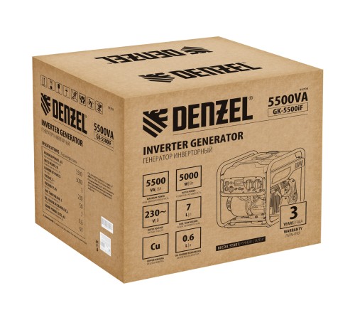 Генератор инверторный GK-5500iF, 5,5 кВт, 230 В, ручной старт DENZEL Генератор инверторный GK-5500iF, 5,5 кВт, 230 В, ручной старт DENZEL