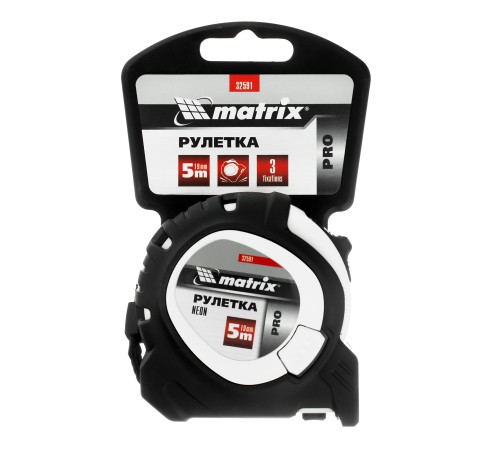 Рулетка Neon,5 м x 19 мм,обрезиненный корпус,3 фиксации,Pro Matrix
