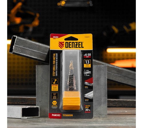 Сверло ступенчатое, 6-8-10-12-14-16-18-20-22-24-26-28-30мм, Р6М5К5, 6-гр. хвостовик Denzel