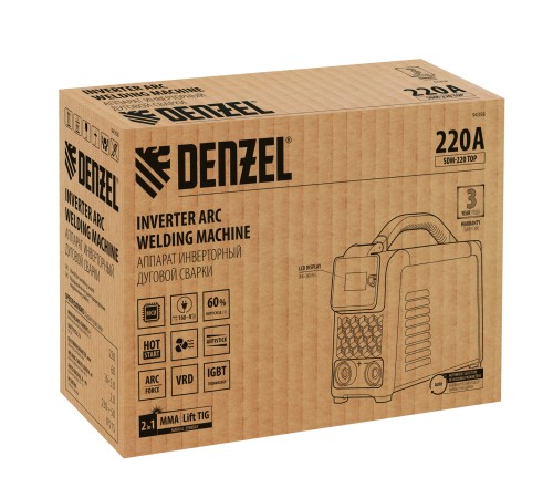 Аппарат инвертор. дуговой сварки SDM-220 Top, 220 А, ПВ 60% кейс// Denzel