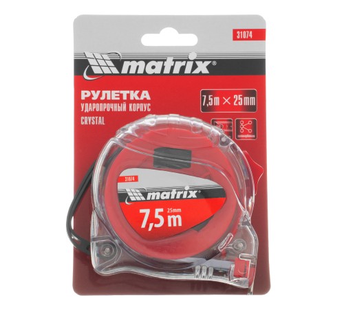 Рулетка Crystal,7,5 м х 25 мм,корпус из поликарбоната Matrix