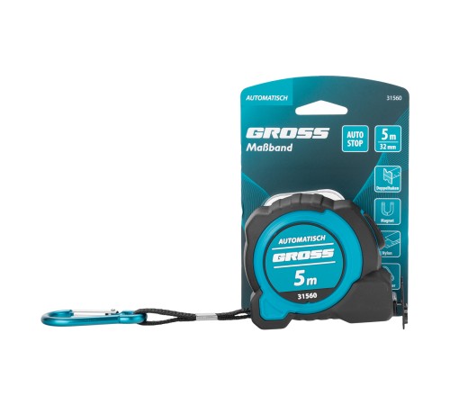 Рулетка "Automatisch", 5 м х 32 мм, нейлон, магнит, двустор. разметка, антиизлом, автоcтоп Gross