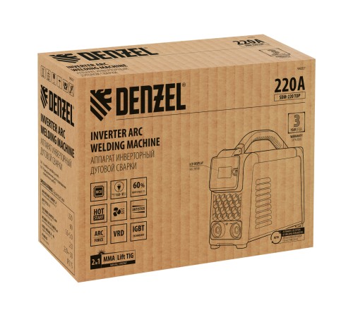 Аппарат инвертор. дуговой сварки SDM-220 Top, 220 А, ПВ 60%// Denzel Аппарат инвертор. дуговой сварки SDM-220 Top, 220 А, ПВ 60%// Denzel