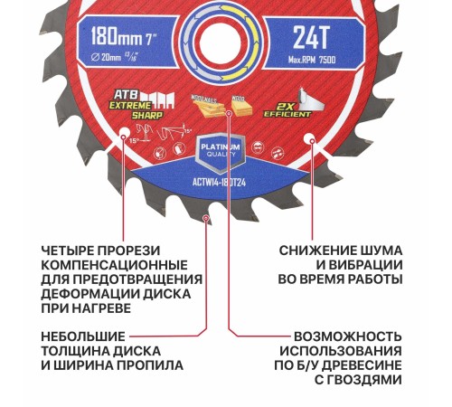 Диск пильный по дереву P.I.T. ACTW14-180T24