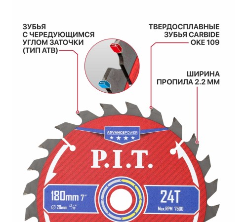 Диск пильный по дереву P.I.T. ACTW14-180T24