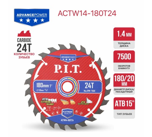 Диск пильный по дереву P.I.T. ACTW14-180T24