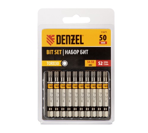 Бита TX 30х50, сталь S2, шестигранный профиль, 10 шт. Е 6,3 Denzel Бита TX 30х50, сталь S2, шестигранный профиль, 10 шт. Е 6,3 Denzel