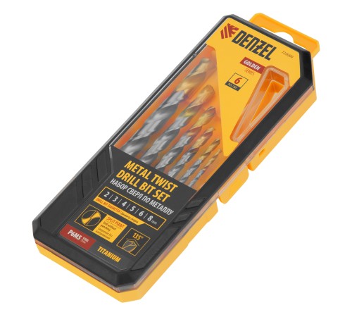 Набор сверл по металлу, 2-8мм, Р6М5-TiN, Golden Tip, 6 шт Denzel