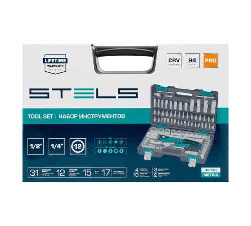 Набор инструментов, 1/2, 1/4, CrV, пластиковый кейс, 94 предмета, двенадцатигранные головки Stels Набор инструментов, 1/2, 1/4, CrV, пластиковый кейс, 94 предмета, двенадцатигранные головки Stels