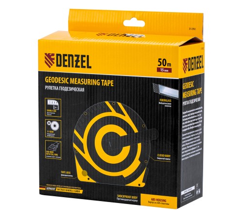 Рулетка геодезическая 50 м х 15 мм, закрытый корпус, фиберглассовая лента Denzel Рулетка геодезическая 50 м х 15 мм, закрытый корпус, фиберглассовая лента Denzel