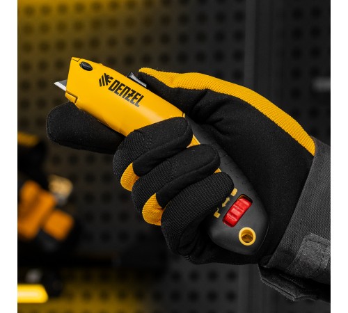 Нож, 19мм, сменное трапециевидное  лезвие, SK4, алюминиевый корпус, торцевой зажим Denzel