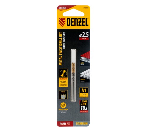 Сверло спиральное по металлу 2,5 x 57 мм, Р6М5, Golden Tip , 2шт. Denzel