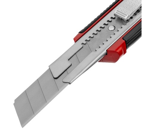 Нож, 25 мм, выдвижное лезвие, усиленная металлическая направляющая, металлическая обрезиненная рукоятка Matrix