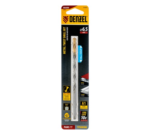 Сверло спиральное по металлу 6,5 х 148 мм, Р6М5, Golden Tip, удлиненное Denzel