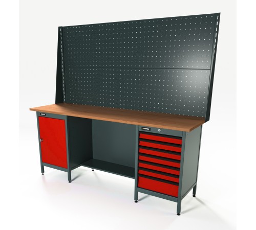 RUNTEC RTS20F-TS0-TS7-P20-P20-3020 Верстак серии Standart, 2000 мм, фанера, тумба с дверью + тумба с 7-ю ящиками, экран 1000, красный RAL 3020