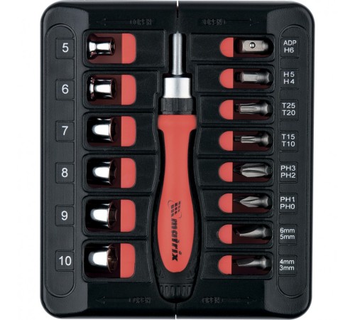 Отвертка реверсивная с набором бит и торцевых головок, 23 шт, CrV Matrix