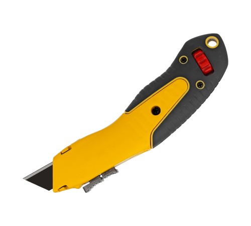 Нож, 19мм, сменное трапециевидное  лезвие, SK4, алюминиевый корпус, торцевой зажим Denzel