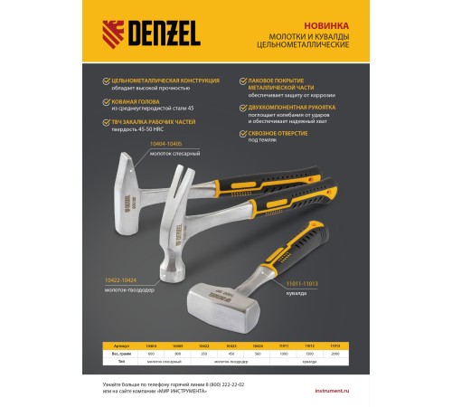 Кувалда 2 кг, цельнометаллическая, двухкомпонентная рукоятка Denzel